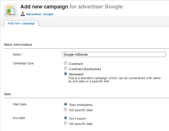 Add new campaign "Google AdSense"
